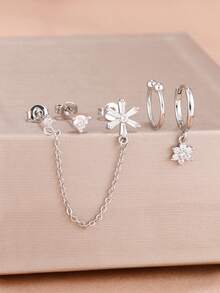 3件套优雅锆石花朵流苏链条吊坠耳环套装，女士耳骨穿孔耳钉饰品 - 1-Silver-4PCS - 查看 2
