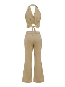 Women's Single-Breasted Halter Neck Tank Top And Wide Leg Casual Pants Set Summer - Khaki - View 6