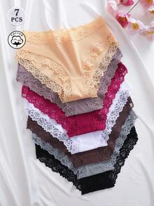 7 piezas de bragas triangulares de mujer de unicolor, algodón, encaje, patchwork, acanaladas, sexy, románticas, cómodas y de cintura baja - Multicolor - Ver 2