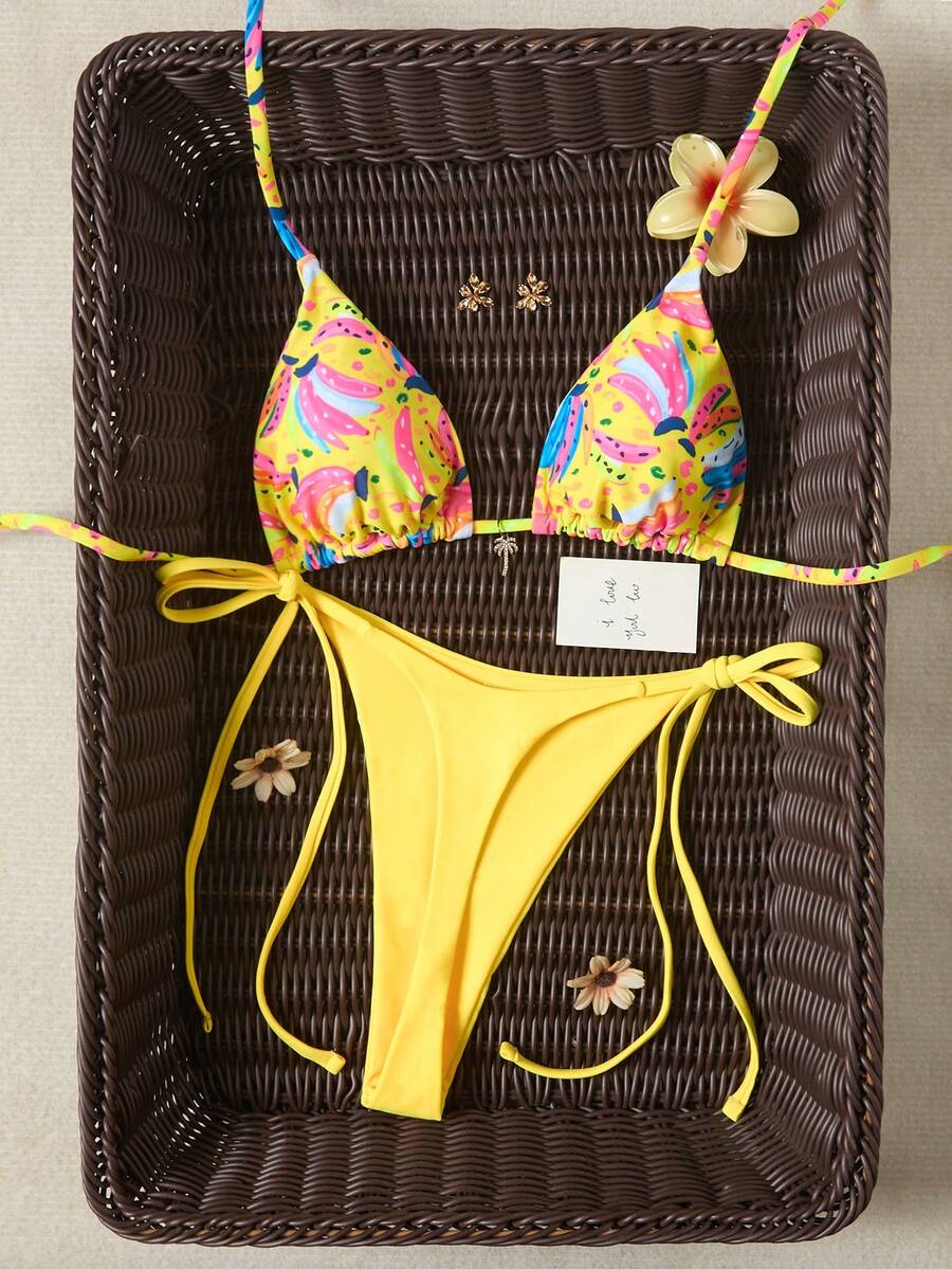 女士时尚露背系带比基尼套装，可爱水果印花，适合夏季海滩度假 - 黃色 - 查看 1