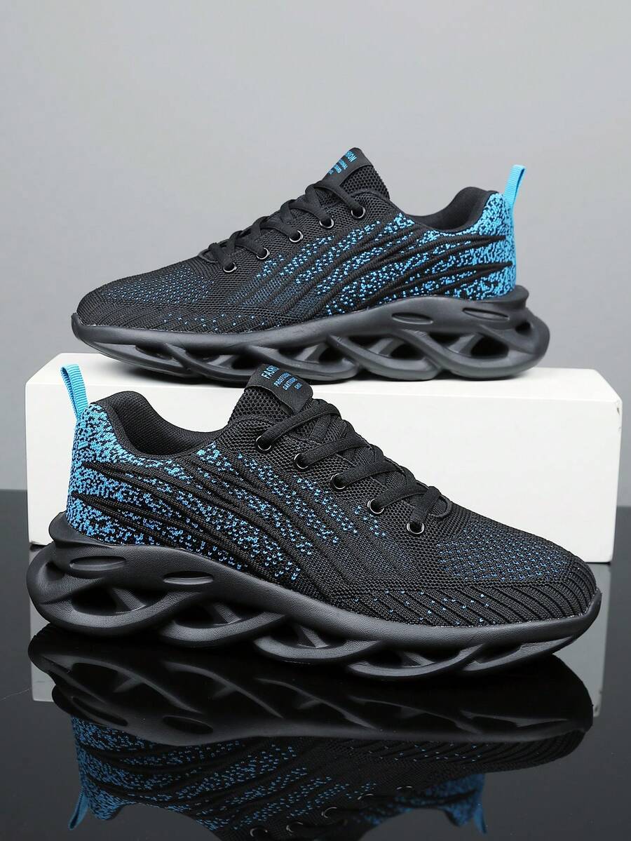 男士镂空针织透气休闲运动鞋 - 黑藍色 - 查看 1