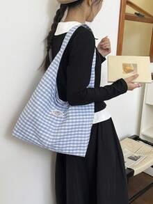 Stylish Casual Contrast Plaid Canvas Tote Bag, Large Capacity Commuter Personalized Lightweight Shoulder Bag - Blue - View 4