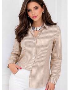 Polyester Dress Shirt With Buttons Down The Front, Striped Dress Shirt, Everyday Summer Style. - 米色 - 查看 6