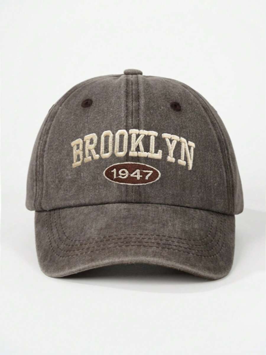 1顶Y2K刺绣字母“BROOKLYN NEW YORK”滑雪帽,透气防晒时尚水洗棒球帽,适合日常户外、海滩、度假穿着 - 咖啡 - 查看 1