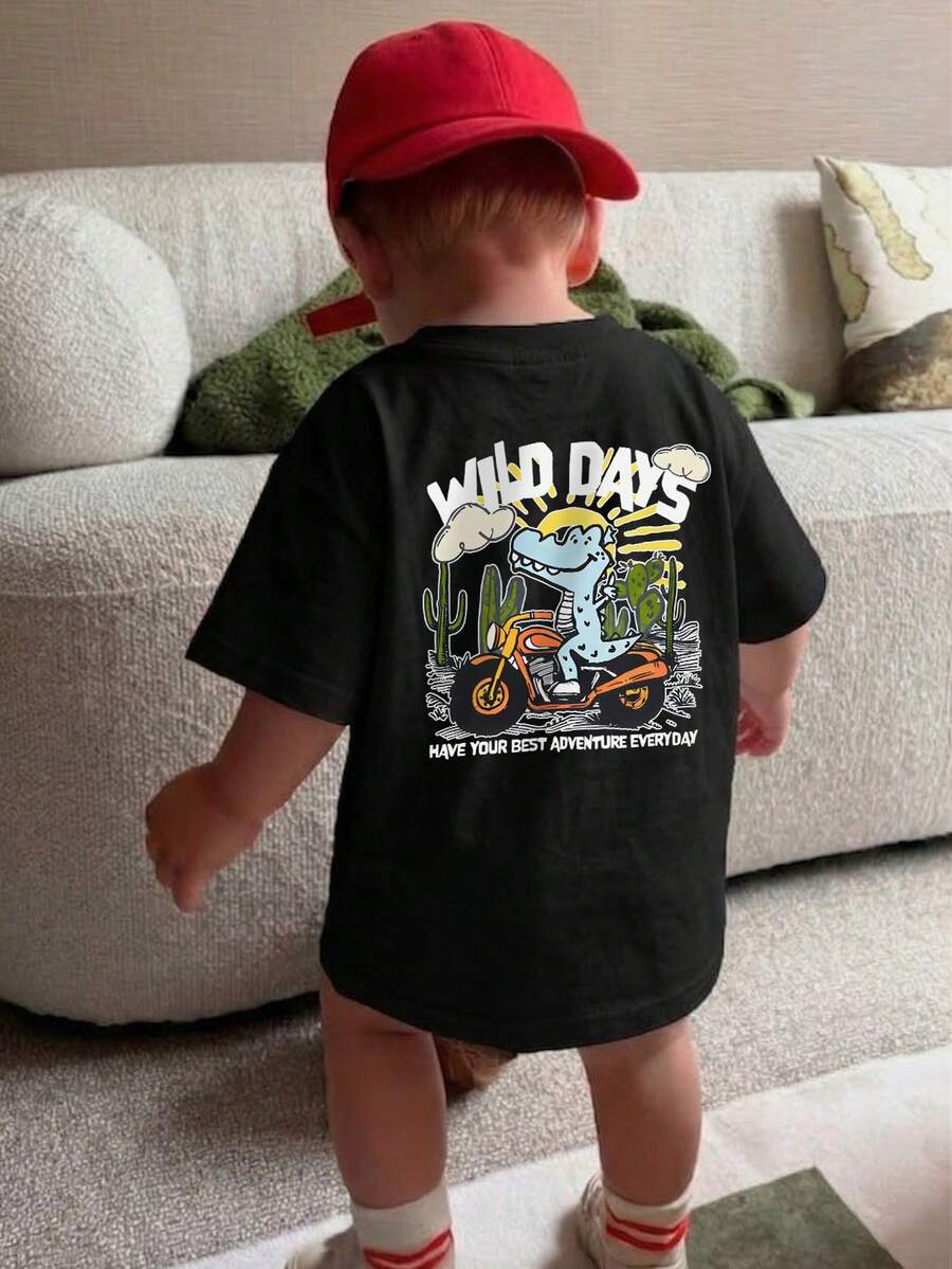 1 chiếc áo thun ngắn tay cổ tròn in hình phong cách thường ngày cho bé trai sơ sinh/trẻ nhỏ, trang phục mùa hè cho trẻ em - Một chiếc áo thun cuốn hút mang đến niềm vui và hạnh phúc cho mọi đứa trẻ! - màu đen - Xem 1