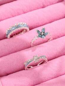 Bộ 3 nhẫn hoa tráng men Zirconia Dopamine màu xanh dương, bộ nhẫn mùa xuân ngọt ngào lãng mạn. - Nhiều màu - Xem 5