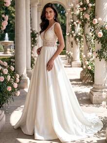 HEARBOBO New Gorgeous Sleeveless Deep V-Neck High Slit Wedding Dress, White - White - View 7