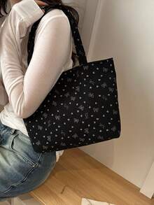 Bolso de lona de gran capacidad con diseño de pequeños patrones de lazo, material versátil y de moda, bolso de hombro ligero y de nicho, para uso en todas las estaciones - Multicolor - Ver 7