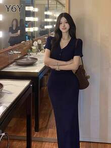 [Y6Y] Đầm ôm sát cổ polo cài nút, đầm midi dáng ôm eo thanh lịch cổ điển dành cho nữ, mùa xuân/hè - Màu xanh hải quân - Xem 5