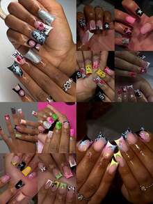 240pcs (10 Mixed Designs) Y2K Long Almond-Shaped Pastel Nail Stickers, Star, Heart, Stripe, Leopard, Silver Glitter Patterns, French Press-On Acrylic Fake Nails Set, Duck Mouth French Manicure For Summer, Suitable For Women And Girls DIY Daily, Festival, Party - Multicolor - View 10