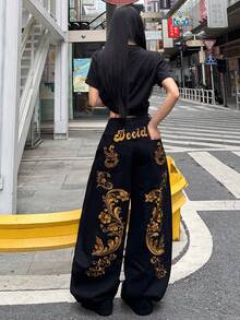 1件日系街头风刺绣Saber牛仔裤，女士宽松舒适阔腿休闲牛仔裤，四季皆宜（不含腰带/配饰）春季黑色 - 黑色 - 查看 6