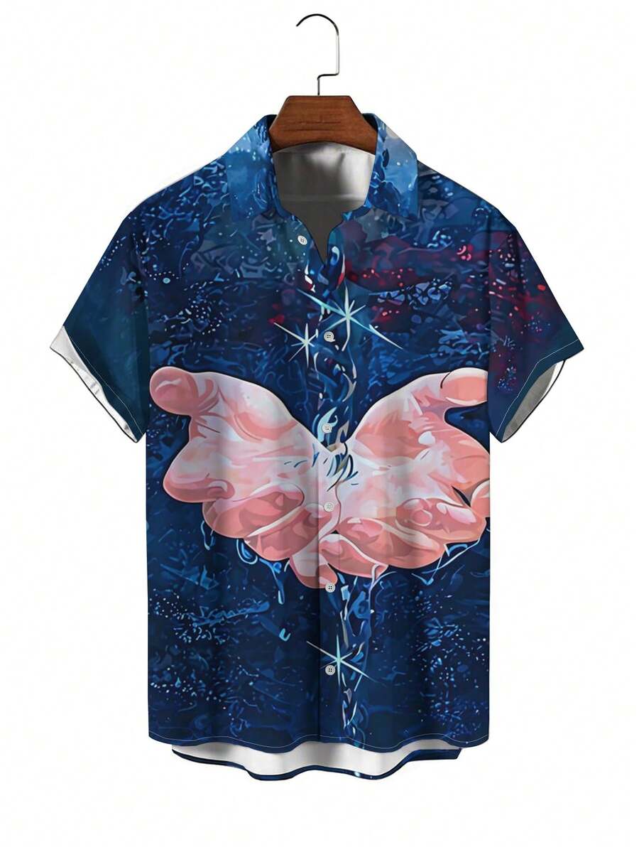 The Pattern Shows Open Hands Glowing With Light Symbolizing Kindness Hope And Energy Connection With The Universe 3D Print Men'S Short Sleeve Casual Shirt Summer Fashion Button Down Top - 白色 - 查看 1