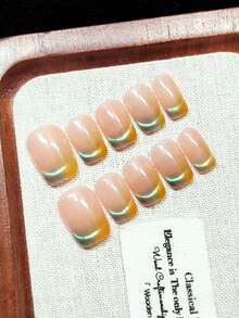 Uñas postizas hechas a mano, estilo corto en forma de T, degradado francés con efecto ojo de gato, rosa nude transparente gélido, contraste de punta amarillo-verde, con brillo delicado tipo perla, brillante y llamativo, estilo minimalista de alta gama, fresco y natural, uñas reutilizables hechas a mano - Rosa - Ver 2