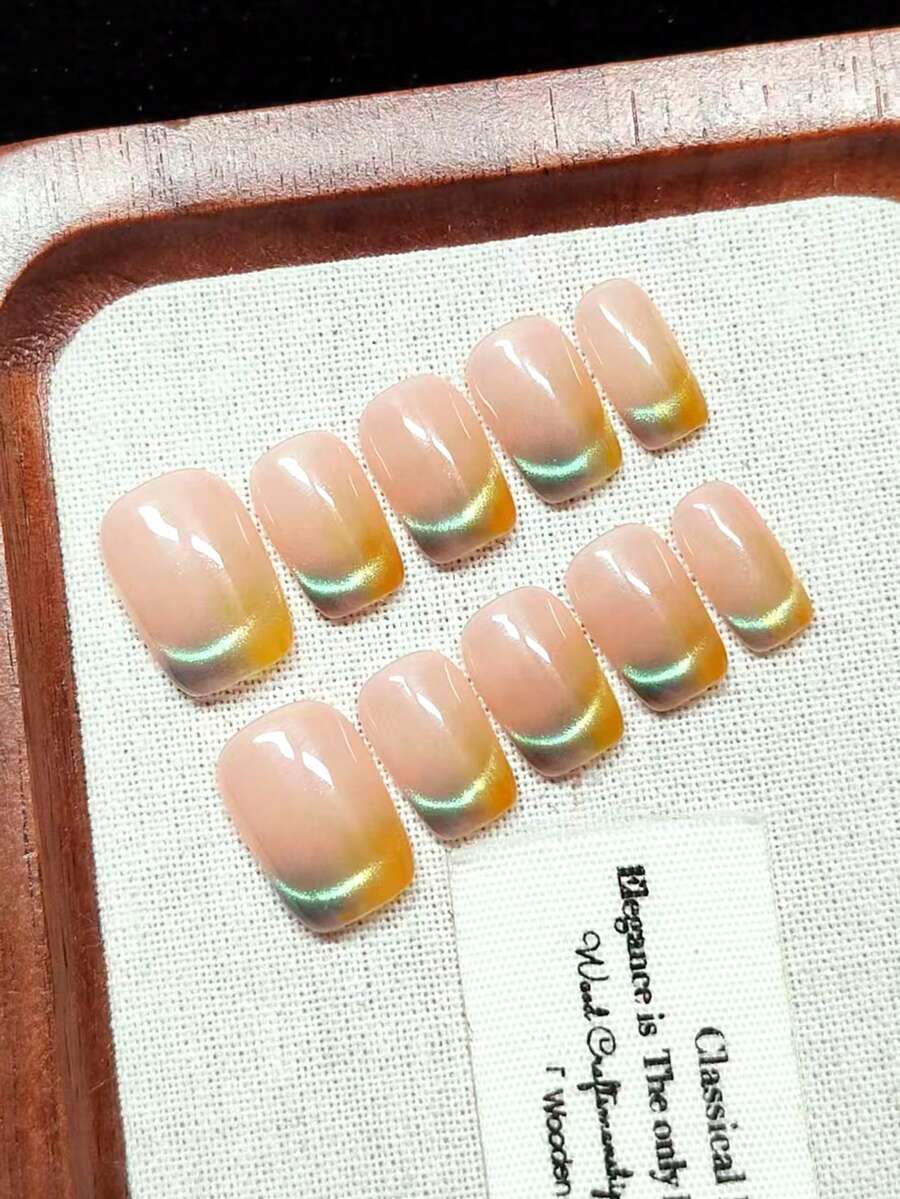 Uñas postizas hechas a mano, estilo corto en forma de T, degradado francés con efecto ojo de gato, rosa nude transparente gélido, contraste de punta amarillo-verde, con brillo delicado tipo perla, brillante y llamativo, estilo minimalista de alta gama, fresco y natural, uñas reutilizables hechas a mano