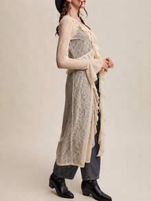 Women Lace Mesh Flowy Maxi Top Tie Front Cardigan Sheer Long Sleeve Ruffled Layering Shirt Cover Up - 白色 - 查看 4