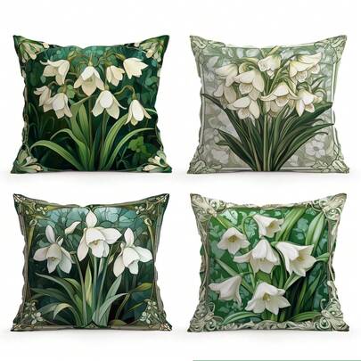 4pcs New Art Style Lily Of The Valley Pattern Pillow Covers, Single-Sided Printed Cushion Covers, Suitable For Living Room, Bedroom, Home Decor, All Seasons