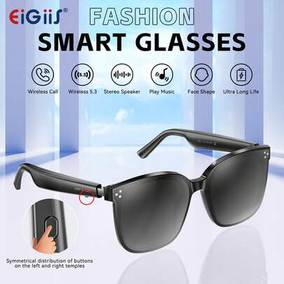 EIGIIS 男女通用智能眼镜，内置麦克风和扬声器，支持音乐控制和通话，配备可充电锂电池，无线音频，时尚百搭，适合办公、驾驶、骑行和户外运动。
