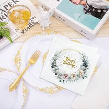 80/40/20pcs 13 * 13 Inch Eucalyptus Leaf Flower Themed Disposable Napkins, Made Of Pink/Light Orange Flowers Forming A Wreath, Paired With Golden Strokes And Hot Stamping The Words "Happy Birthday", Used For Outdoor Birthday Picnics, Family Birthday Banquets, Light Luxury Parties, Wedding Banquets, And Restaurant Decorations - View 11