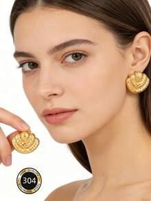 1 Pair Asymmetrical Textured Minimalist Stainless Steel Stud Earrings, Unique Fashion Versatile Design Suitable For Women's Holiday And Daily Wear - Gold - View 7