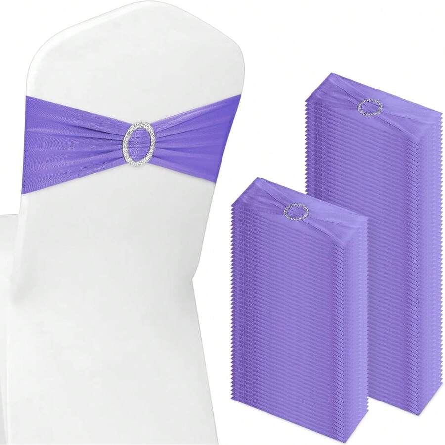 150 Pieces Spandex Stretch Chair Sashes Bows Elastic Chair Cover Bands Ties With Slider Wedding Party Reception Events Universal Ceremony Banquet Decorations (Gold) - Purple - View 1