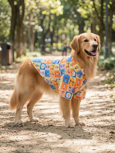 夏季狗狗休闲衬衫 - 透气轻便的狗狗夏季服装，适合小型、中型和大型犬，全印花狗狗服装 - 卡通彩色格子和杯状图案