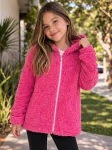 Children's And Teen's Winter Sweater For Girls, Teddy Coat With Hood, Children's Jacket - Màu Hồng Tươi - Xem 1