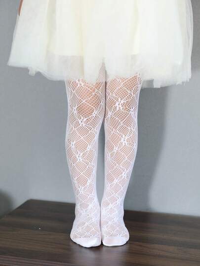 1pc Girls' Spring/Summer Mesh Hollow Floral Jacquard Tight Leggings, Lightweight Breathable Fabric, Suitable For Lolita Style