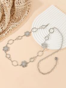 波西米亚风金属花朵腰带，简约可调节牛仔裤腰饰 - 銀色 - 查看 3