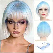 Cyberpunk Bob Wig & Glasses Set - 20+ Neon Colors With Adjustable Fringe | Multi-Tone Synthetic Hair For Cosplay, Rave, Halloween & Daily Bold Fashion (Hot Red/Lime Green/Orange/Light Pink/Plum Purple/Neon Blue/Neon Lilac/Golden Blonde/Black) - 藍白色 - 查看 1
