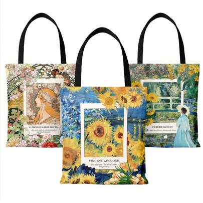 双面向日葵印花帆布手提袋，可折叠轻便单肩包，适合购物、通勤、户外摄影，四季皆宜。