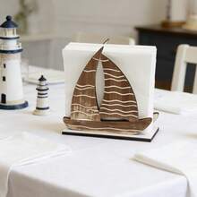 1/3pcs Rustic Wooden Napkin Holder, Ocean Theme Fish & Sailboat Design, Freestanding Paper Towel Rack, Suitable For Kitchen Counter, Dining Table And Coffee Table, Central Decor Piece For Mediterranean Coastal Home - Multicolor - View 6