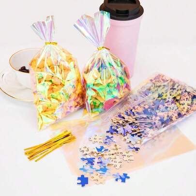 30/60/120个装多色全息PP塑料礼品袋，带丝带，适用于派对、婚礼、生日、迎婴派对、复活节、情人节、婚礼回礼 - 多握柄玻璃纸袋