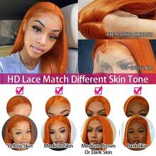#350 Cor Laranja Gengibre Densidade 200% 13*4 34 Polegadas Peruca Lace Front Reta Cabelo Virgem Brasileiro De Orelha a Orelha Pré-Arrancado HD Transparente Peruca Lace Frontal Reta Sem Cola Pré-Cortada Cabelo Humano Frontal Perucas Para Mulheres Usar e Ir Cabelo Misturado - S350 - Visão 8