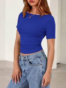 Fall New Arrival Women's Long-Sleeve Top Crop-Top Style Casual Outerwear Boat Neck With Bell Sleeves Ribbed Pleated Design Millennial-Inspired Fashion - Xanh hoàng gia - Xem 4