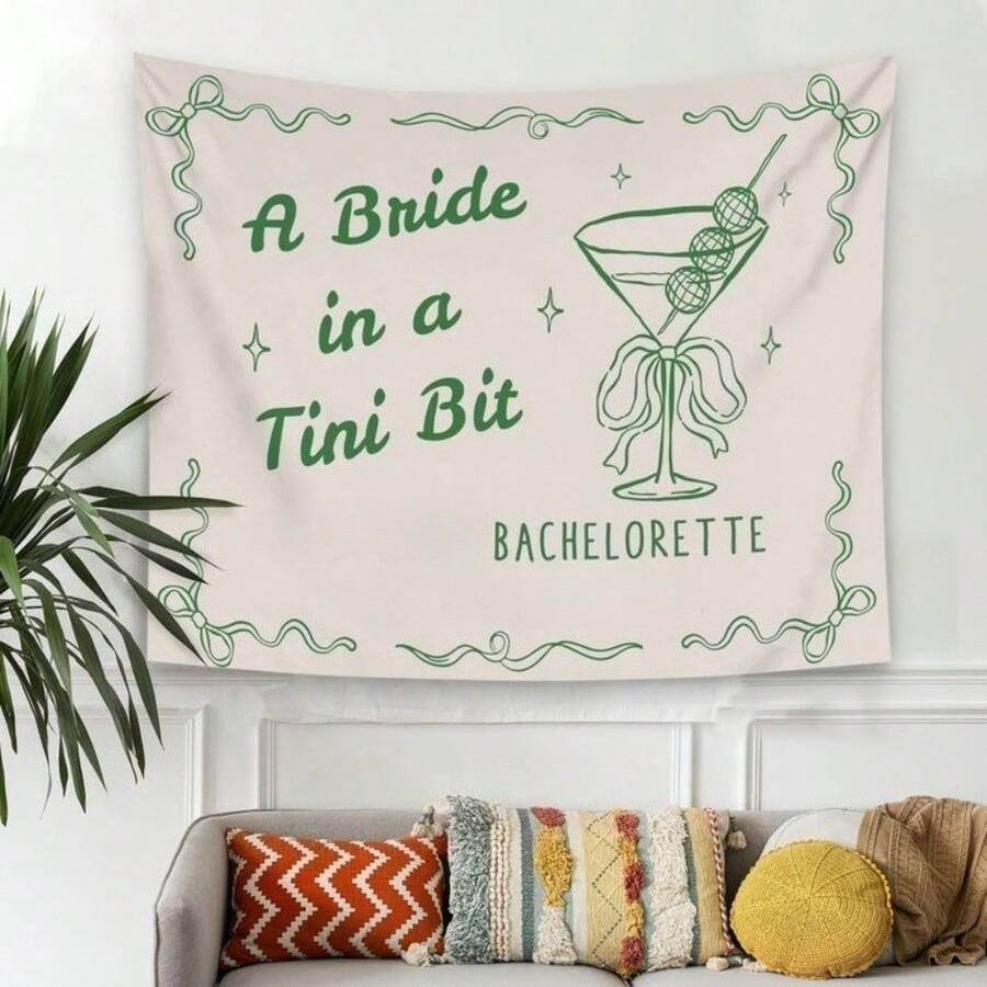 60x40in A Bride In A Tini Bit Bachelorette Party Banner, Girls Weekend Photo Backdrop, Martini Tapestry, Martini Themed Beach Bachelorette Backdrop - 1 - View 1
