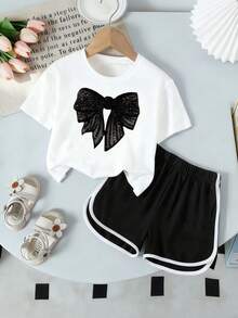 Baby Girl Bow Print Short Sleeve Top And Shorts Set - White - View 2