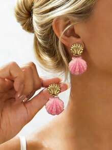 Pink Mermaid Style Shiny Resin Shell Pendant Earrings - Minimalist Shell Earrings - View 5