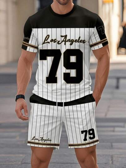 KOVSEE 2 Stücke Herren Sommer Sport Set, Kontrast-Farbiges Kurzarm T-Shirt + Shorts mit Seitlichen Buchstaben-Muster, selbstbewusster Buchstaben-Muster Casual Fitness Bekleidung