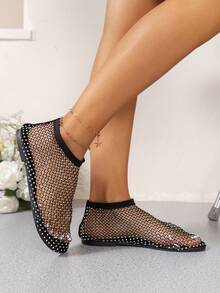 2026 Nuevos Sandalias planas casuales de verano con punta redonda suave, calcetines de red de pescar con rhinestones, transpirables y de talla grande - Negro - Ver 4