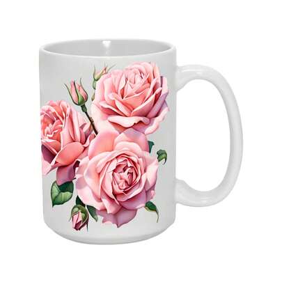 15oz Floral Elegance Rose Print Mug - Beautiful Pink Roses Design, Ceramic Coffee Cup, Gift For Her