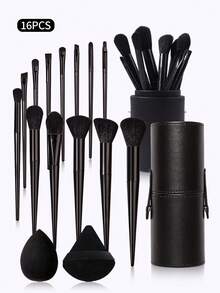 16Pcs Professional Makeup Brush Set With Storage Bucket, Sponge & Powder Puff, Travel Friendly Makeup Kit - Black - View 10