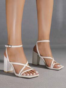 Women's White Square Toe Chunky Heel High Heels, Comfortable Versatile Commuting Shoes, Minimalist Elegant Design Lengthens Legs - White - View 4