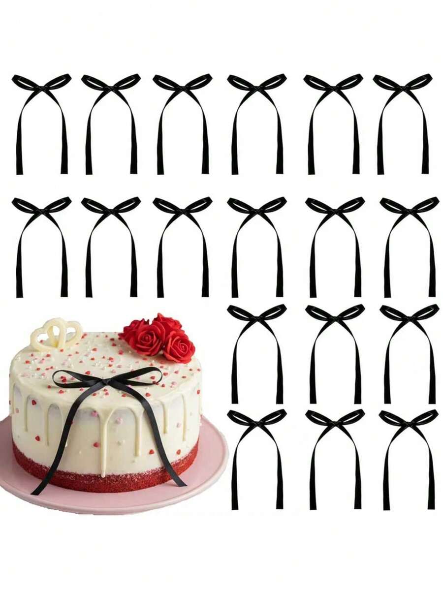 1/10/20pcs Black Bow Cake Decorations, Black Ribbon Bows Suitable For Birthday, Wedding, Bachelorette Party, Graduation, Dessert Table, Engagement, Mother's Day Decor - Multicolor - View 1