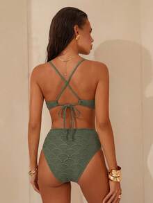 Women Boho Casual Elegant One Piece Swimsuit With V Neck Lace Up Detail And High Stretch Fabric - Fresh Green - View 4
