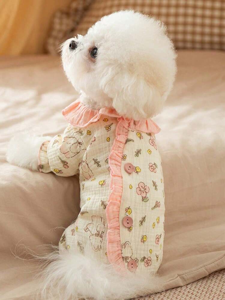 Faja con adorno de encaje con tema de cachorro, abrigo de oso de peluche con estampado floral cálido para otoño e invierno, adecuado para perros pequeños, incluyendo Bichones Frisé, ropa para mascotas, ropa de estar en casa, cuello delicado, ancho de hombro apropiado, diseño con botones, perfecto para fiestas de mascotas, uso en casa y regalos de cumpleaños. - Multicolor - Añade 9