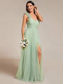 Vestido de dama de honor de tul transparente con aplicación floral, hombro descubierto, abertura alta y color verde salvia, elegante para invitados de boda - verde menta - Ver 5