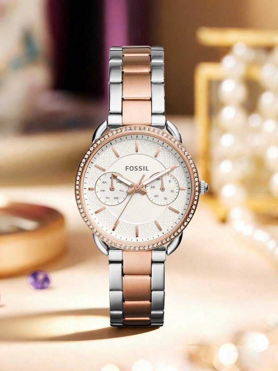 Fossil 女士优雅双色金属表带石英表，奢华水钻表圈，纹理表盘，多子表盘设计，经典时尚，适合日常办公、约会、送给妻子/女友的节日礼物 - 玫瑰金 - 查看 1