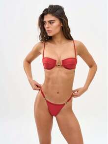 Deep Crimson Velvet-Touch Bikini Set With Push-Up Cups, Ornate Metallic Ring Detail At Bust And Hip, Plus Ultra-Low Rise Bottoms - Perfect For Evening Beach Parties, Rooftop Dinners, Fashion Editorials, Bachelorette Trips, Glamorous Vacations | Sultry, Luxe, Body-Hugging Swimwear, Premium Two-Piece For After-Dark Allure & Bold Confidence - 彩色 - 查看 4