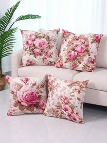 4pcs Rose Velvet Pillow Covers, Vintage Peach Skin Soft Pillow Covers, Single-Sided Printed Cushion Covers, Rose Theme Decor, Birthday Party Decor, Birthday Girl, Pink Bow Decor, Mother's Day Gift, Bridal Shower Decor, Machine Washable, Living Room Decor, Sofa Styling Decor, Home Decor, Bedroom Decor, Holiday Decor, Party Favors, Baby Shower, Creative Gift (Pillow Inserts Not Included) - Rose - View 3
