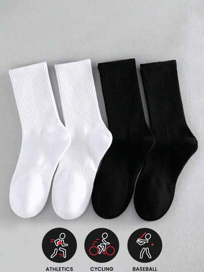 6 Pairs Black & White Solid Color Sports & Casual Crew Socks, Unisex Mid-Calf Socks